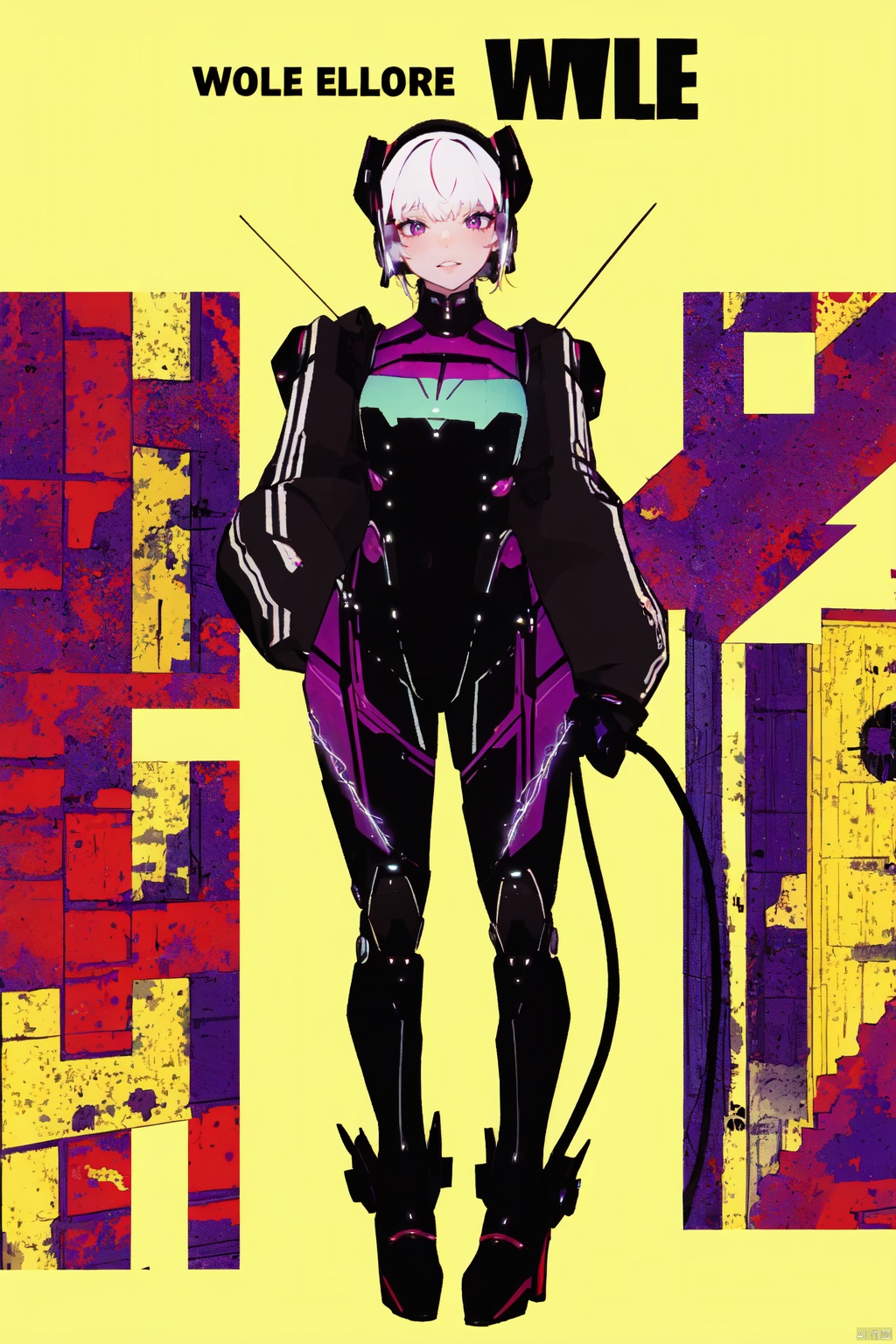 1girl,SOLO, ws-bspined, (the whole body:1.5), tattoo, Female robot, electric wire, diverse colors,