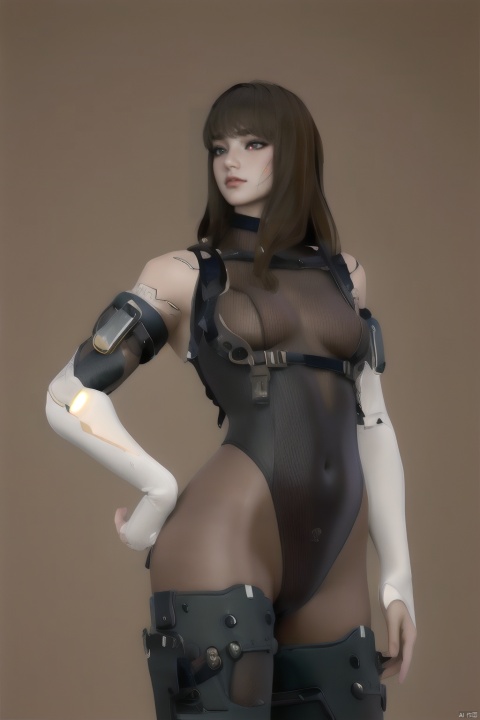  (rich colors),1girls,solo,ws-bspined,see-through leotard, breasts, short hair, simple background, brown hair, black hair, brown eyes, medium breasts, signature, grey background, lips, bodysuit, watermark, skin tight, web address, clenched hands, cropped legs, science fiction, realistic
, ((poakl))