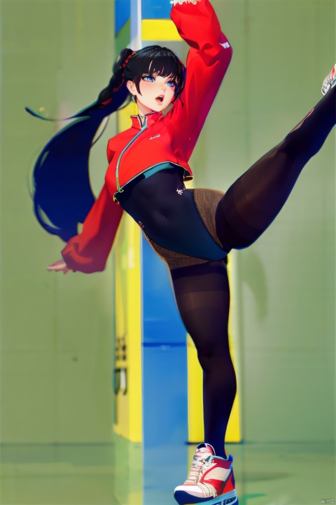 (rich colors),1girls,ws-bspined,bspined, long hair, open mouth, bangs, blue eyes, simple background, black hair, long sleeves, white background, twintails, very long hair, standing, jacket, full body, braid, pantyhose, shoes, twin braids, black pantyhose, chinese clothes, leg up, standing on one leg, sneakers, multicolored clothes, red jacket, fighting stance, zipper pull tab