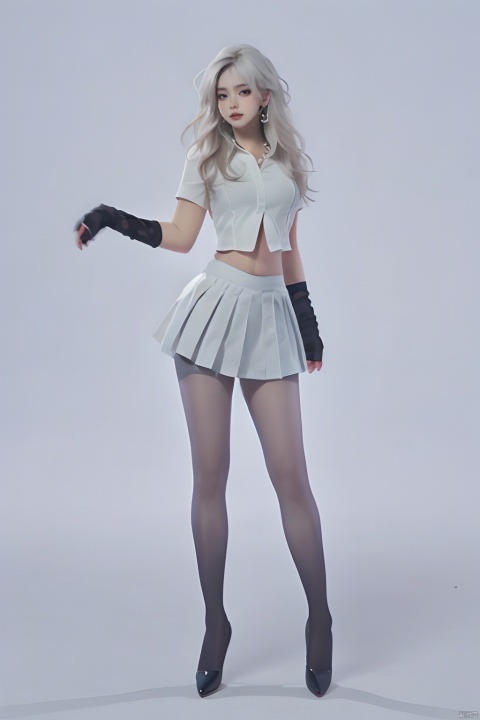 1girl,wsfz-021,white hair,short hair,streaked hair,white blouse,black pleated skirt,cutout above navel,lace,simple background,huge filesize,(full body:1.5),(leg up:1.1),gradient color pantyhose, bent over, (dancer:1.1),(Newspaper),(Newspaperwall),Fashion Style,