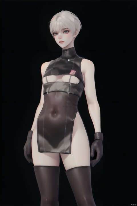 1girls,solo,ws-bspined, gchf, breasts, short hair, simple background, thighhighs, gloves, navel, standing, white hair, small breasts, lips, see-through, bodysuit, covered navel, black background, science fiction, panties, sleeveless bodysuit, short dress