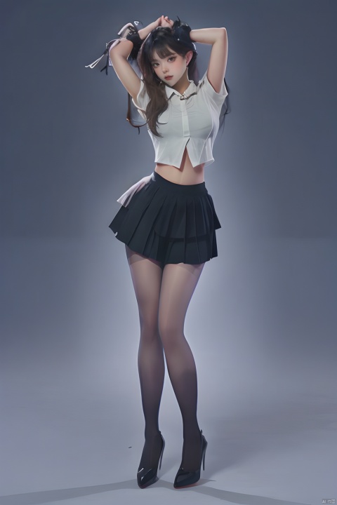 1girl,wsfz-021,white hair,short hair,streaked hair,white blouse,black pleated skirt,cutout above navel,lace,huge filesize,(full body:1.5),(leg up:1.1),gradient color pantyhose, bent over, (dancer:1.1),Fashion Style, glow