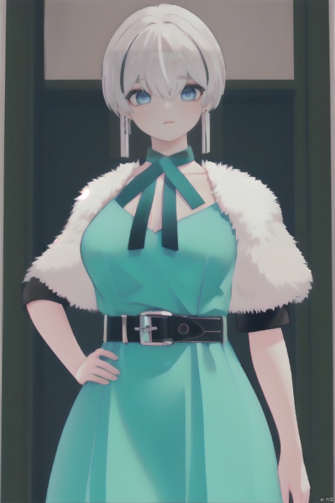  (rich colors),1girls,solo,ws-bspined, ((poakl)), figure,black eye makeup, beautiful detailed eyes, blue eyes, black furrows under the eyes, sliver and blue gothic dress, cross ribbon, buckle belt, exquisite clothes, (white hair), multicolored hair, ringlets, earring, Neck Ring, (hair ribbon),high detail,high quality