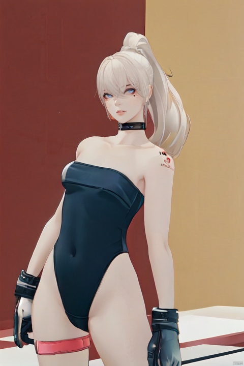 (rich colors),1girls,ws-bspined, ong hair, breasts, looking at viewer, bangs, gloves, hair between eyes, bare shoulders, closed mouth, standing, swimsuit, ponytail, white hair, cowboy shot, small breasts, choker, black gloves, lips, see-through, one-piece swimsuit, strapless, covered navel, tattoo, thigh strap, highleg, black choker, meme attire