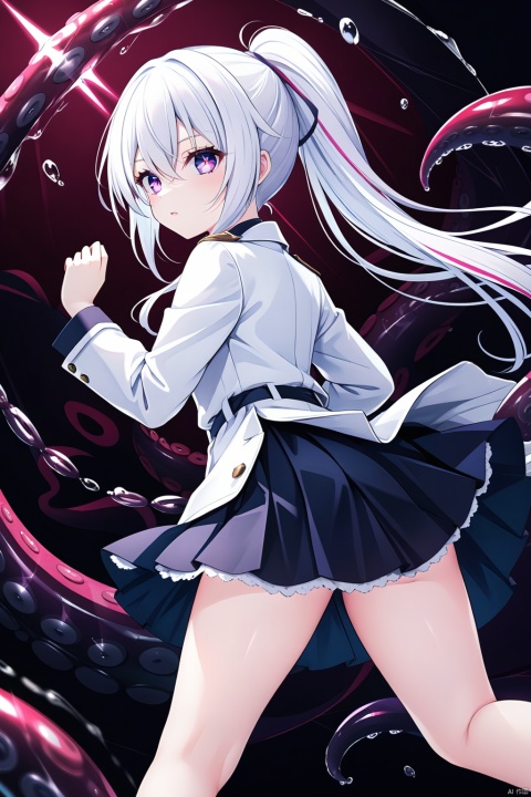 masterpiece,best quality, extremely detailed CG unity 8k
wallpaper,a girl,female high school students, white hair, purple eyes,ponytail, longhair, hair_between_eyes,white trench coat,black skirt,cinematic highlight hair, glint,star-shaped pupils,sparkling eyes, dark_persona,,solo,((tentacles just in skirt)),((tentacles  just from skirt)),