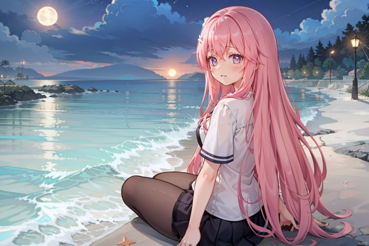 pink hair,long hair,purple eyes,beautiful and detailed eyes,mature girl,(( dark)), moonlight,female high school student,1girl,solo,(((night))),game cg,long hair,(( light smile)),pure black clothes and skirts, (((nee length pure black stockings))), at night, (((by the beach))), ( sits on the beach), the breeze blows her long hair, ((looking back)).,half body shot,side view