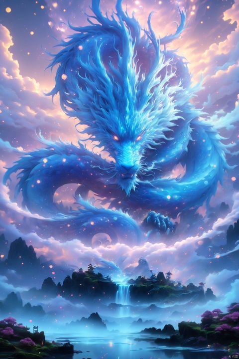  （The mythical Chinese dragon：1.24）,epic, black, neon green, blue, thin lines, x-ray effect, threads, fairytale landscape, hyperrealism, micro-details, surreal, detailing, transparent watercolor+ink, pastel shades, clear outline, stardust, incredible beautiful landscape, dark botanical,dark fantasy,multicolor,multilayer, 3d, threads, fibers, engraving, color illustration, star map, moon, volumetric, unusual fluffy flowers, anhei
