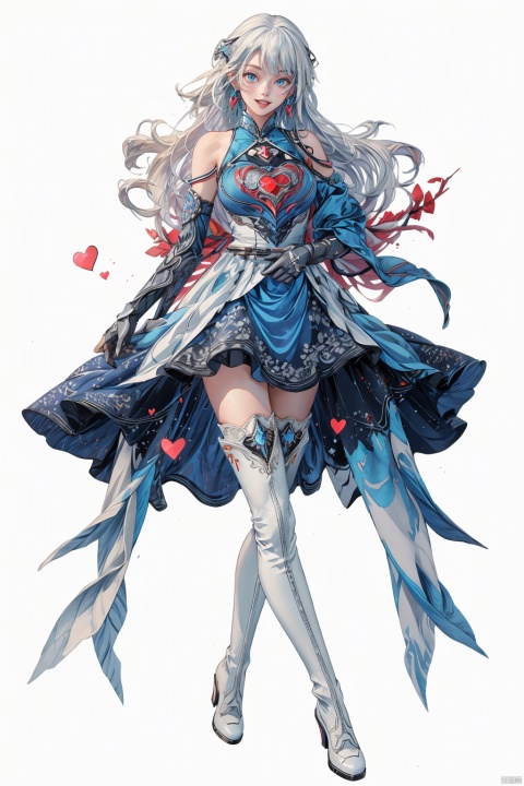  tianqijijijia, solo, 1girl, long hair, blue eyes, open mouth, gloves, smile, looking at viewer, bangs, full body, mecha musume, dress, high heels, white hair, boots, tattoo, thighhighs,breasts, elbow gloves, heart, bare shoulders, white dress, floating hair, high heel boots, thigh boots, inksketch