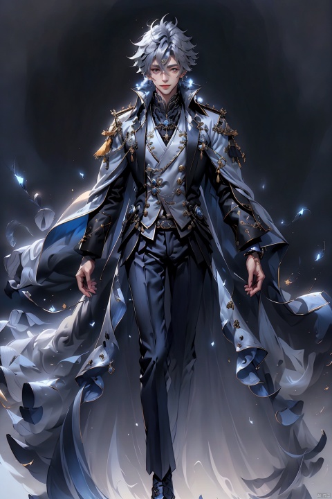  Game -Genshin Impact, character -Kaeya Alberich, dark-skinned, short indigo hair with a wisp of silver, long hair hanging down from the back left side of his head, and two bundles of silly hair of varying lengths on the top of his head. His gray-blue quadrangular star-shaped pupils made his eyes look deep, and he wore a pirate patch over his right eye and a blue teardrop-shaped pendant over his left ear. He wore a white shirt and blue coat that exposed his chest, and a blue-and-white cloak with a long collar and white hair at the collar. The Eye of God hung from a brown belt and wore black trousers and boots. Both hands wore conical bracelets and black fingerless gloves, kaeya (genshin impact), Arso
