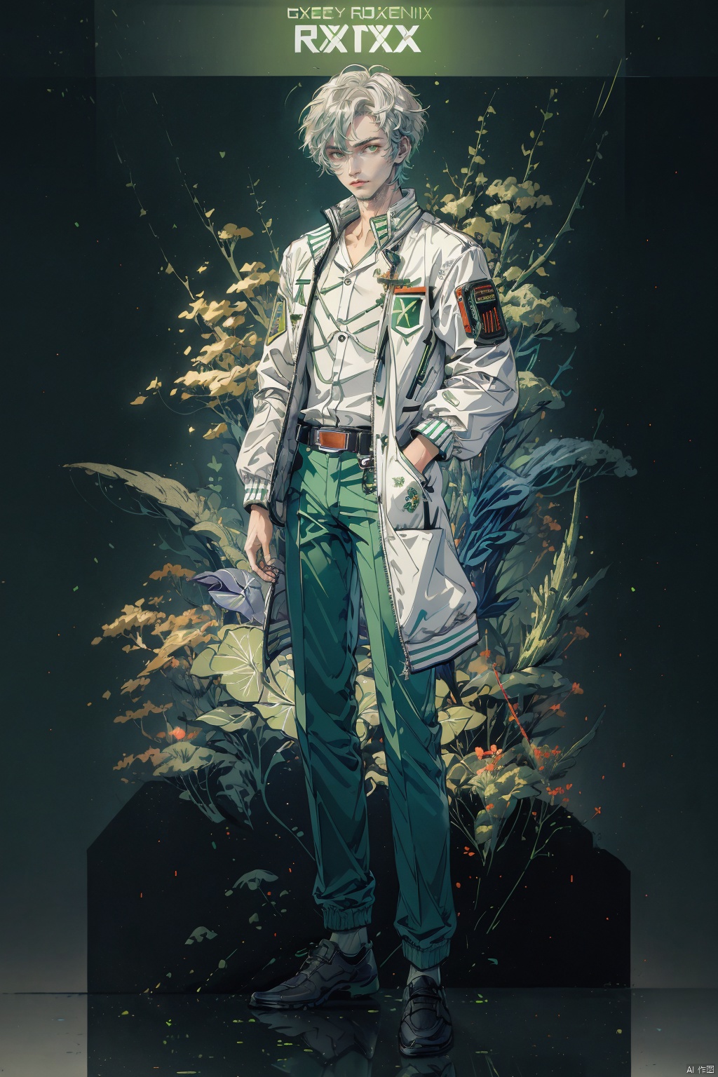  (masterpiece), (best quality),Science fiction, RGB, RTX, graphics card, graphics card fan, green fluorescent tube,Solid color background, 1 boy, over 20 years old, outgoing, sunny and handsome, Green pants, white jacket, Stand up collar jacket, (sci-fi style), Silver short hair, white belt, Green pupils, solo,