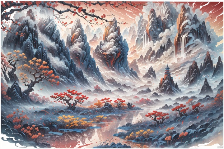  red gfzhidanya background,Exquisite work, masterpiece, master composition, ink wash, ginkgo tree,wind blowing, morning mist