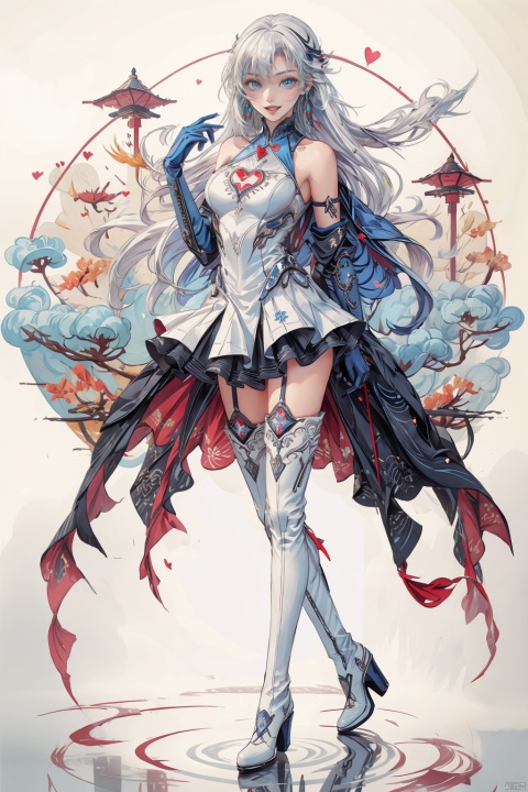  tianqijijijia, solo, 1girl, long hair, blue eyes, open mouth, gloves, smile, looking at viewer, bangs, full body, mecha musume, dress, high heels, white hair, boots, tattoo, thighhighs,breasts, elbow gloves, heart, bare shoulders, white dress, floating hair, high heel boots, thigh boots, inksketch