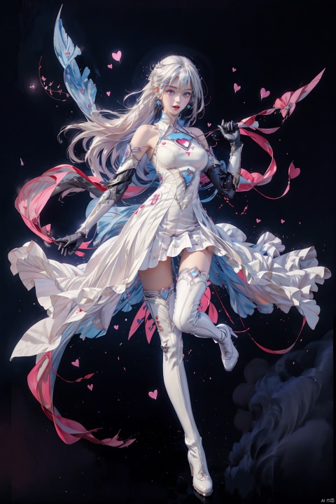  tianqijijijia, solo, 1girl, long hair, blue eyes, open mouth, gloves, smile, looking at viewer, bangs, full body, mecha musume, dress, high heels, white hair, boots, tattoo, thighhighs,breasts, elbow gloves, heart, bare shoulders, white dress, floating hair, high heel boots, thigh boots, inksketch