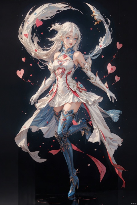  tianqijijijia, solo, 1girl, long hair, blue eyes, open mouth, gloves, smile, looking at viewer, bangs, full body, mecha musume, dress, high heels, white hair, boots, tattoo, thighhighs,breasts, elbow gloves, heart, bare shoulders, white dress, floating hair, high heel boots, thigh boots, inksketch