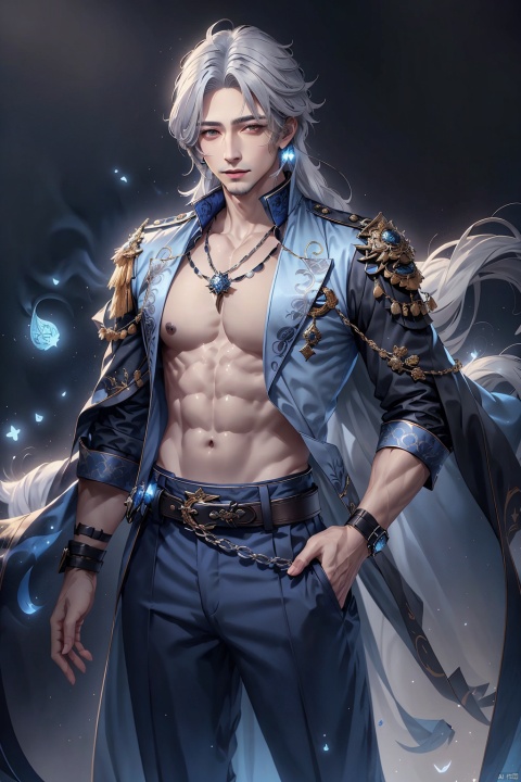  Game -Genshin Impact, character -Kaeya Alberich, dark-skinned, short indigo hair with a wisp of silver, long hair hanging down from the back left side of his head, and two bundles of silly hair of varying lengths on the top of his head. His gray-blue quadrangular star-shaped pupils made his eyes look deep, and he wore a pirate patch over his right eye and a blue teardrop-shaped pendant over his left ear. He wore a white shirt and blue coat that exposed his chest, and a blue-and-white cloak with a long collar and white hair at the collar. The Eye of God hung from a brown belt and wore black trousers and boots. Both hands wore conical bracelets and black fingerless gloves, kaeya (genshin impact)