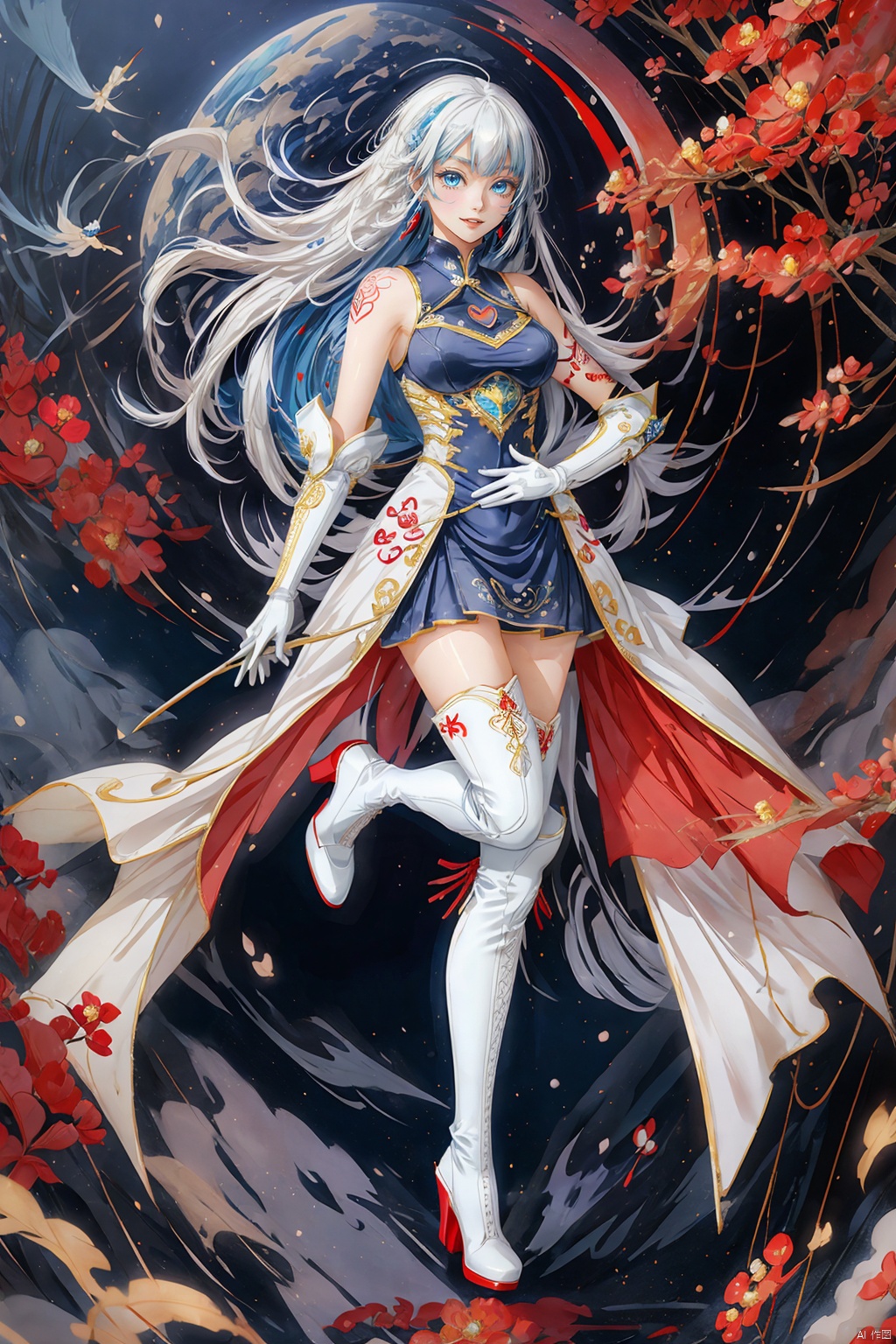  tianqijijijia, solo, 1girl, long hair, blue eyes, open mouth, gloves, smile, looking at viewer, bangs, full body, mecha musume, dress, high heels, white hair, boots, tattoo, thighhighs,breasts, elbow gloves, heart, bare shoulders, white dress, floating hair, high heel boots, thigh boots, inksketch, cloud
