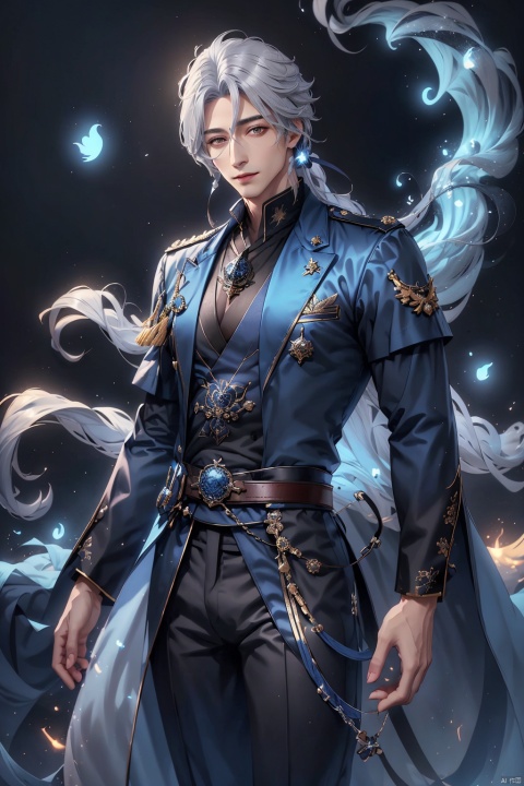  Game -Genshin Impact, character -Kaeya Alberich, dark-skinned, short indigo hair with a wisp of silver, long hair hanging down from the back left side of his head, and two bundles of silly hair of varying lengths on the top of his head. His gray-blue quadrangular star-shaped pupils made his eyes look deep, and he wore a pirate patch over his right eye and a blue teardrop-shaped pendant over his left ear. He wore a white shirt and blue coat that exposed his chest, and a blue-and-white cloak with a long collar and white hair at the collar. The Eye of God hung from a brown belt and wore black trousers and boots. Both hands wore conical bracelets and black fingerless gloves, kaeya (genshin impact)