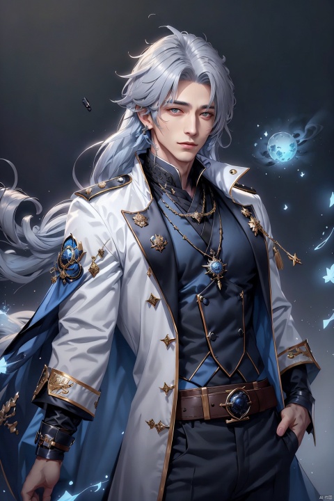  Game -Genshin Impact, character -Kaeya Alberich, dark-skinned, short indigo hair with a wisp of silver, long hair hanging down from the back left side of his head, and two bundles of silly hair of varying lengths on the top of his head. His gray-blue quadrangular star-shaped pupils made his eyes look deep, and he wore a pirate patch over his right eye and a blue teardrop-shaped pendant over his left ear. He wore a white shirt and blue coat that exposed his chest, and a blue-and-white cloak with a long collar and white hair at the collar. The Eye of God hung from a brown belt and wore black trousers and boots. Both hands wore conical bracelets and black fingerless gloves, kaeya (genshin impact)