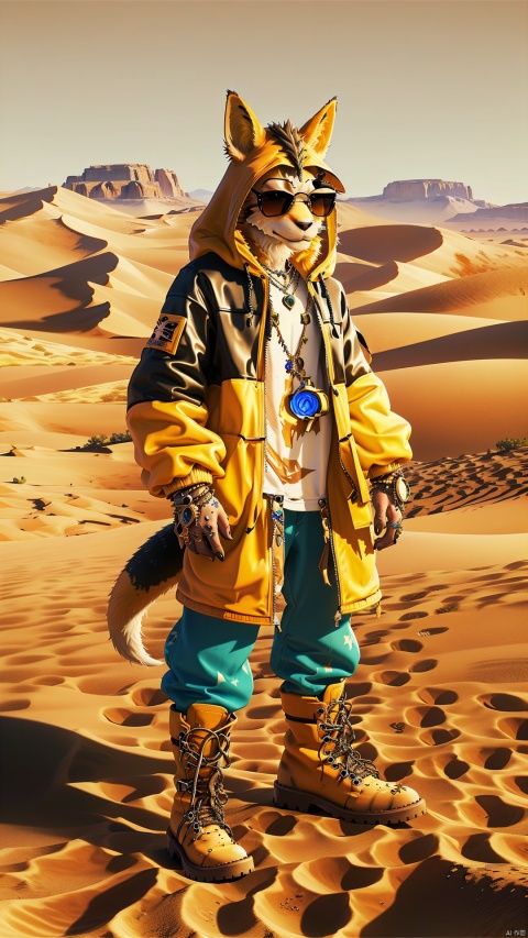  extremely detailed CG unity8 k wallpaper,masterpiece,best quality,ultra-detailed,
Theme: Desert Nomad

Wander through a sandy expanse with a CG wallpaper featuring a desert nomad masterpiece boasting the best quality in ultra-detailed 3D.
The foxer, with a hood and sunglasses, stands solo as a virtual nomad in the vast desert, exuding a sense of solitude.
A furry male, adorned with desert-themed jewelry, wears a jacket and boots, embodying the essence of a desert wanderer.
The virtual youtuber's shirt features ink painting designs inspired by desert landscapes, creating a captivating nomadic cosplay.