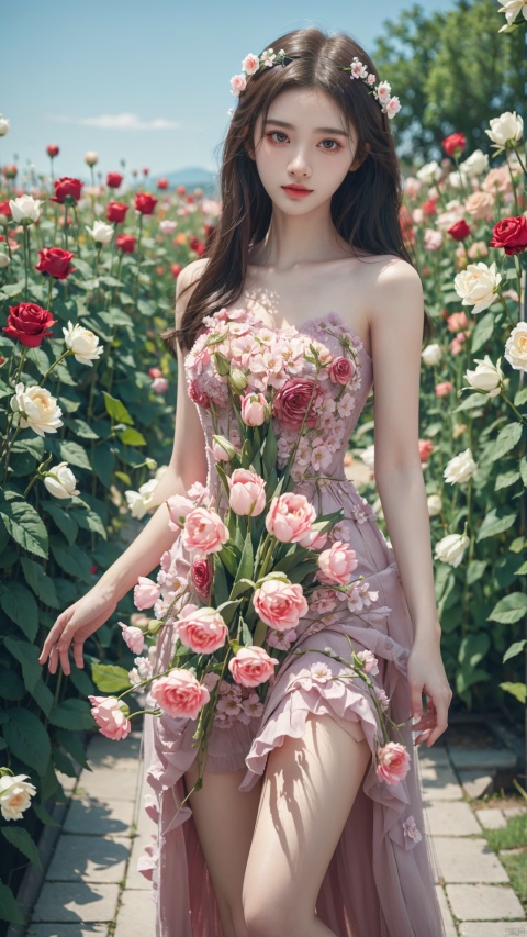  DSLR, (Good structure), HDR, UHD, 8K, A real person, Highly detailed, best quality, masterpiece, 1girl, realistic, Highly detailed, (EOS R8, 50mm, F1.2, 8K, RAW photo:1.2), ultra realistic 8k, 
,huaxianzi, flower, , dress, tulip, rose, bare shoulders, pink flower, jujingyi, ll-hd, yunv