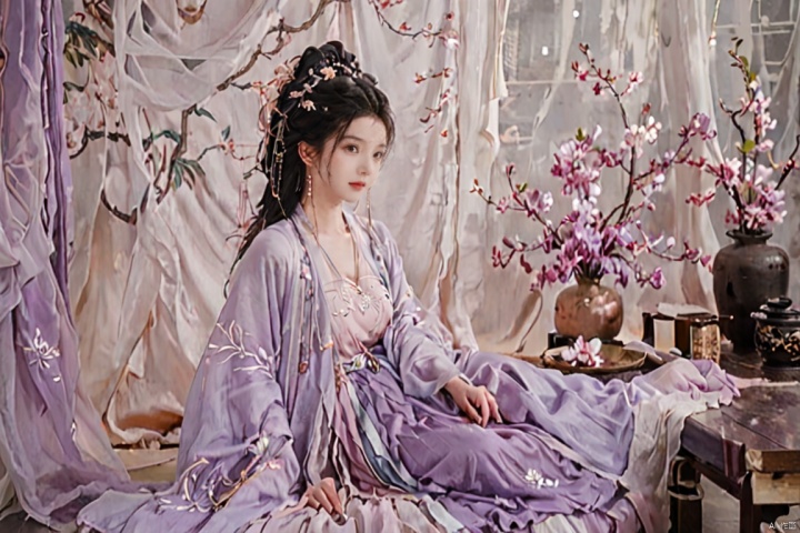  1girl, solo, black long hair, delicate face, shame expression, Hairpins, diamond necklace, hair ornament, long dress, full body, flower, earrings, indoors, hair bun, (light purple dress:1.2),(Tube top Hanfu long skirt:1.13), perfect hand, night, chinese clothes, table, branch,daxiushan, ,daxiushan style,(huge breasts:1.99), (full breasts:1.39), realistic,hanfu, daxiushan,Shoulders are exposed, daxiushan, arien_hanfu