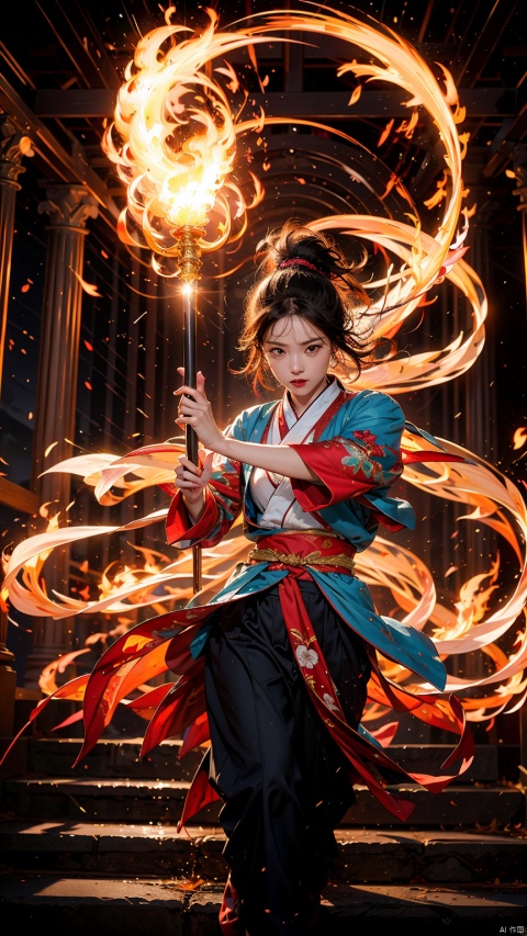  Female Focus,holding glowing katana（Iaido）
Red lips, bangs, earings, kimono,Chinese closures, floral print, tassel, robe dragon, glowing weight, flowing light, shooting stars,Neon lights, reflecting lights, epic lighting,
(Flames around) (Fire clings to the samurai sword)··
Chinese Style, Ancient Temple, Serious, Light, Stairs, Red Full Moon, yiwenrudao\(xiuxian\)