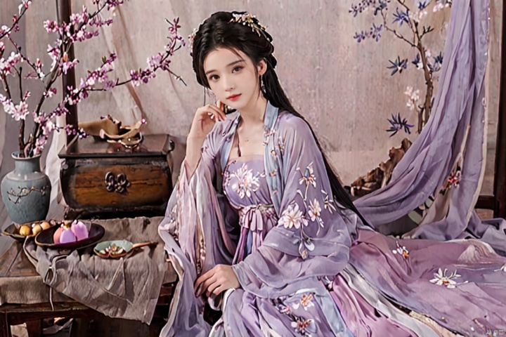  1girl, solo, black long hair, delicate face, shame expression, Hairpins, diamond necklace, hair ornament, long dress, full body, flower, earrings, indoors, hair bun, (light purple dress:1.2),(Tube top Hanfu long skirt:1.13), perfect hand, night, chinese clothes, table, branch,daxiushan, ,daxiushan style,(huge breasts:1.99), (full breasts:1.39), realistic,hanfu, daxiushan,Shoulders are exposed, daxiushan, arien_hanfu
