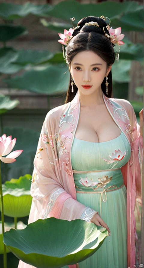  Best quality, Realistic, photorealistic, masterpiece, extremely detailed CG unity 8k wallpaper, best illumination, best shadow, huge filesize ,(huge breasts:2.3) incredibly absurdres, absurdres, looking at viewer, transparent, smog, gauze, vase, petals, room, ancient Chinese style, detailed background, wide shot background,
(((1gilr,black hair))),(Sitting on the lotus pond porch:1.39) ,(huge breasts:2.4),(A pond full of pink lotus flowers:1.3),close up of 1girl,Hairpins,hair ornament,hair wings,slim,narrow waist,(huge breasts:2.5),perfect eyes,beautiful perfect face,pleasant smile,perfect female figure,detailed skin,charming,alluring,seductive,erotic,enchanting,delicate pattern,detailed complex and rich exquisite clothing detail,delicate intricate fabrics,
Morning Serenade In the gentle morning glow, (a woman in a pink lotus-patterned Hanfu stands in an indoor courtyard:1.26),(Chinese traditional dragon and phoenix embroidered Hanfu:1.3), admiring the tranquil garden scenery. The lotus-patterned Hanfu, embellished with silver-thread embroidery, is softly illuminated by the morning light. The light mint green Hanfu imparts a sense of calm and freshness, adorned with delicate lotus patterns, with a blurred background to enhance the peaceful atmosphere,(huge breasts:2.7),