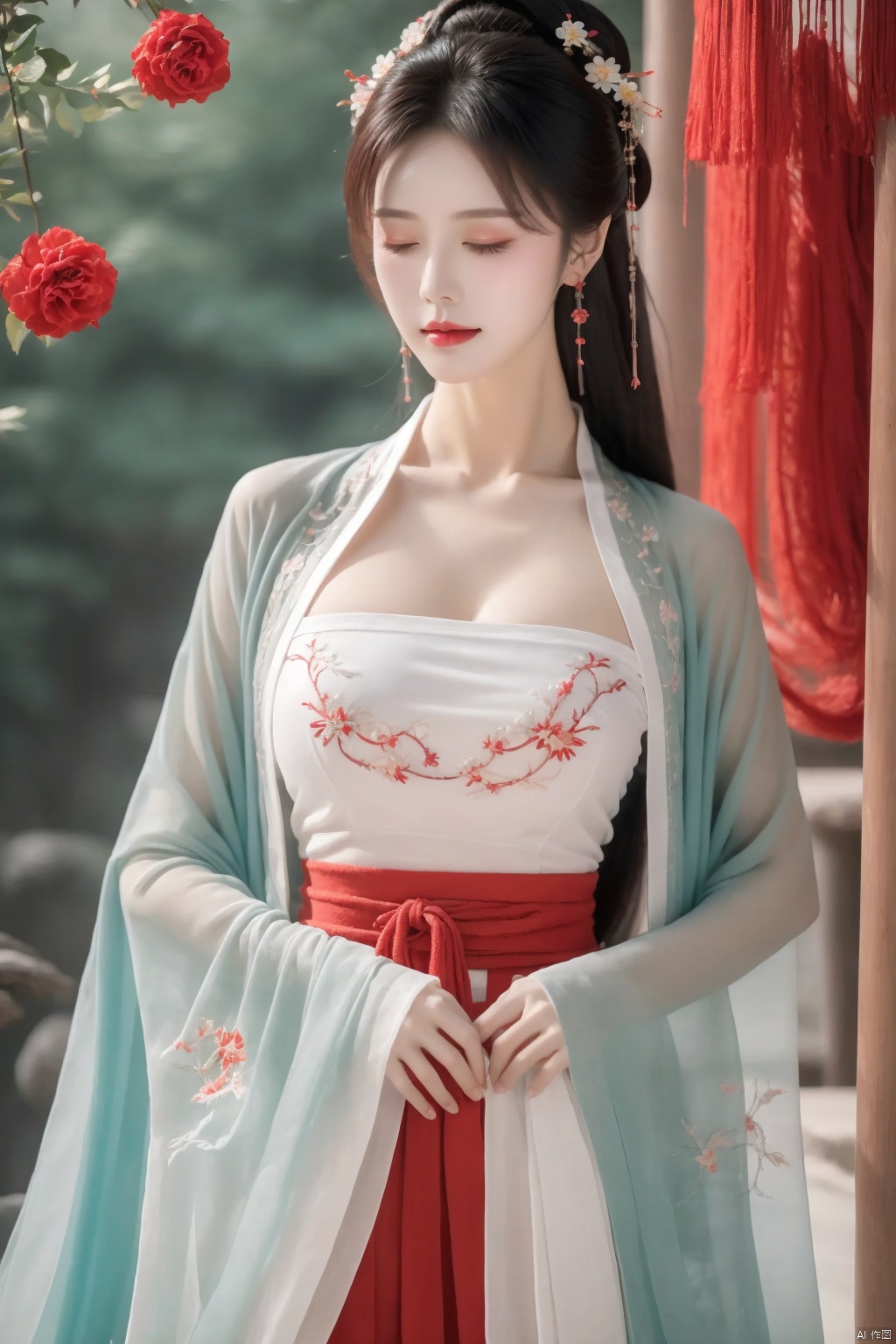  1 girls,Chinese ice crystal diamond earrings,be richly attired and heavily made-upEye shadow,blusher,Dress,chest,Plump breasts,Hanfu,(Clothing color: red),towel, veil, solo,forest_ background, closed_eyes,low-cut,transparent,A gauze fan with embroider flowers.