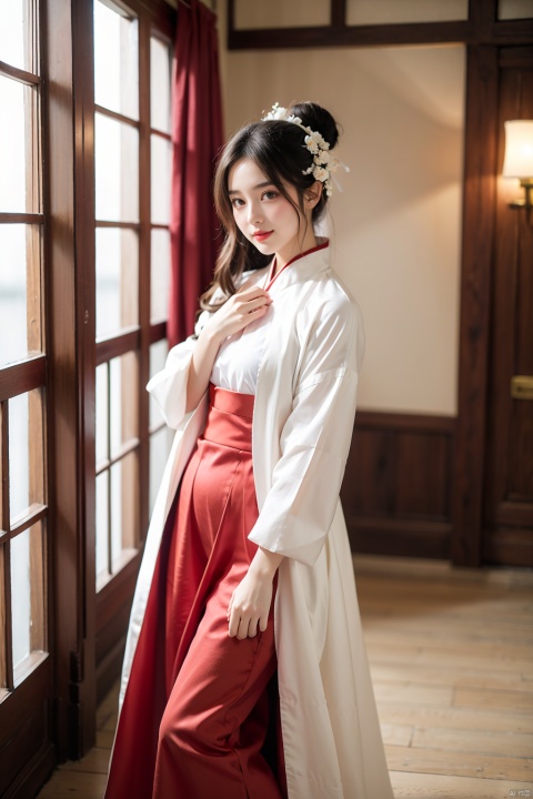  an ancient girl, hanfu, full_body, elegant, smile, masterpiece, best quality,
Wearing a rusty red satin coat with a dark white diamond pattern on it, a long dress with milky white soft silk on the ground, only a red petal flower branch and a white jade hairpin on the bun. The whole body is only red and white, which is very elegant and beautiful.
chrysanthemum