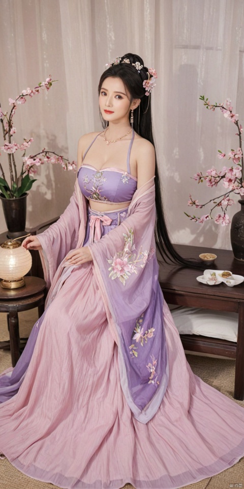  1girl, solo, long hair, black hair,Hairpins,necklace, hair ornament, dress, full body, flower, earrings, indoors, hair bun, (purple-pink dress),(Tube top Hanfu long skirt:1.1), pillow, bed, night, chinese clothes, table, branch,daxiushan, ,daxiushan style,(huge breasts:1.79), (full breasts:1.59), realistic,hanfu, daxiushan,Shoulders are exposed, , daxiushan, arien_hanfu, FilmGirl