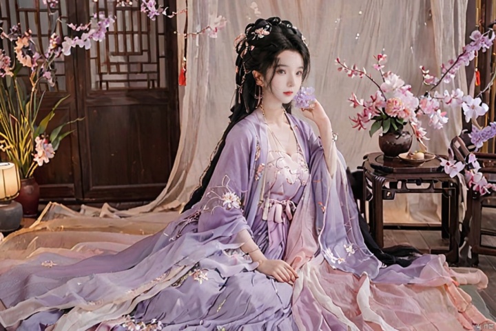  1girl, solo, black long hair, delicate face, shame expression, Hairpins, diamond necklace, hair ornament, long dress, full body, flower, earrings, indoors, hair bun, (light purple dress:1.2),(Tube top Hanfu long skirt:1.13), perfect hand, night, chinese clothes, table, branch,daxiushan, ,daxiushan style,(huge breasts:1.99), (full breasts:1.39), realistic,hanfu, daxiushan,Shoulders are exposed, daxiushan, arien_hanfu