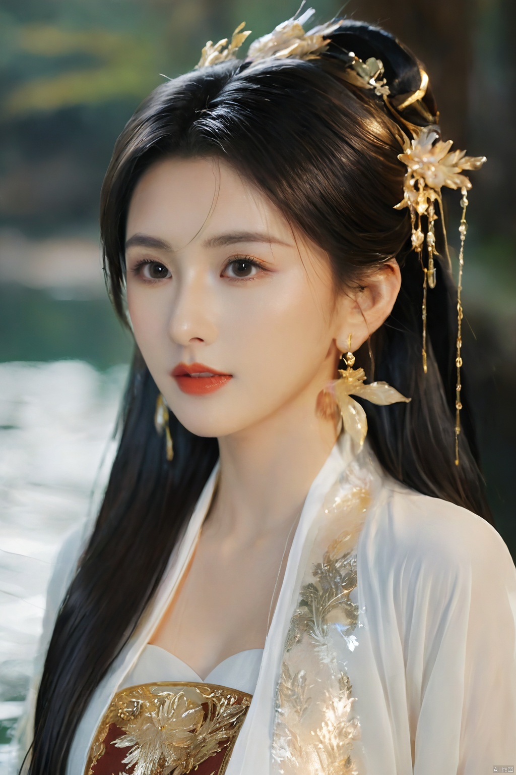  1girl,****_female,looking at viewer,standing,black,gold,gold hairpin,face focus,Redlips,((upper_body:0.9)),full breasts, (medium breasts:1.2),long hair,eyes,Colored pupil,earrings,jewelry,earrings,jewelry,(perfect face), shiny skin, 
dress, hanfu, 
forest,water, wet, 
masterpiece, best quality,depth of field, cinematic composition, best lighting,light master,RAW photo, dslr, film grain, Fujifilm XT3, night shot, light master,daxiushan,daxiushan style,hanfu, g001