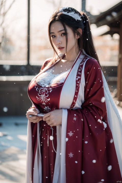  arien_hanfu,1girl,(falling_snow:1.29),looking_at_viewer,(big breasts:1.33), BY MOONCRYPTOWOW, MUSCULAR FEMALE, Add details