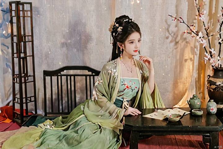  1girl, solo, black long hair, delicate face, shame expression, Hairpins, diamond necklace, hair ornament, long dress, full body, flower, earrings, indoors, hair bun, light green dress,(Tube top Hanfu long skirt:1.13), perfect hand, night, chinese clothes, table, branch,daxiushan, ,daxiushan style,(huge breasts:1.79), (full breasts:1.39), realistic,hanfu, daxiushan,Shoulders are exposed, daxiushan, arien_hanfu
