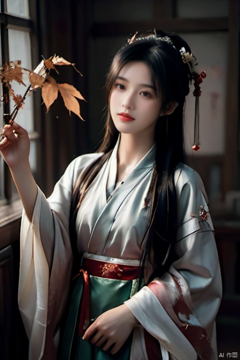  Fashion editorial style a asian girl with hanfu ruqun,Jin style, joint brand, ribbon, Withered leaves, old vines, plant illustration, splash ink,High fashion, trendy, stylish, editorial, magazine style, professional, highly detailed, cinematic lighting, Dramatic lighting, soft light, qingyi, dudou