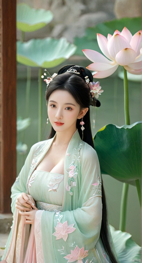  Best quality, Realistic, photorealistic, masterpiece, extremely detailed CG unity 8k wallpaper, best illumination, best shadow, huge filesize ,(huge breasts:2) incredibly absurdres, absurdres, looking at viewer, transparent, smog, gauze, vase, petals, room, ancient Chinese style, detailed background, wide shot background,
(((1gilr,black hair))),(Sitting on the lotus pond porch:1.39) ,(huge breasts:2),(A pond full of pink lotus flowers:1.3),close up of 1girl,Hairpins,hair ornament,hair wings,slim,narrow waist,(huge breasts:2.1),perfect eyes,beautiful perfect face,pleasant smile,perfect female figure,detailed skin,charming,alluring,seductive,erotic,enchanting,delicate pattern,detailed complex and rich exquisite clothing detail,delicate intricate fabrics,
Morning Serenade In the gentle morning glow, (a woman in a pink lotus-patterned Hanfu stands in an indoor courtyard:1.26),(Chinese traditional dragon and phoenix embroidered Hanfu:1.3), admiring the tranquil garden scenery. The lotus-patterned Hanfu, embellished with silver-thread embroidery, is softly illuminated by the morning light. The light mint green Hanfu imparts a sense of calm and freshness, adorned with delicate lotus patterns, with a blurred background to enhance the peaceful atmosphere,(huge breasts:2.2),