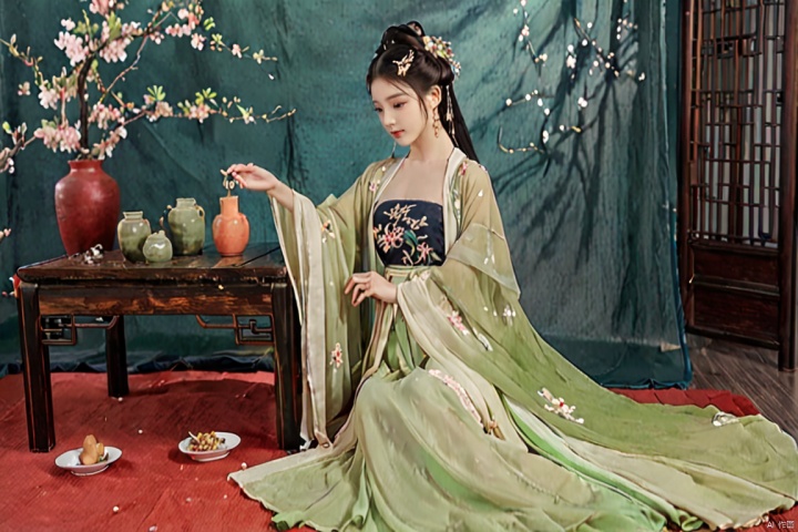  1girl, solo, black long hair, delicate face, shame expression, Hairpins, diamond necklace, hair ornament, long dress, full body, flower, earrings, indoors, hair bun, light green dress,(Tube top Hanfu long skirt:1.13), perfect hand, night, chinese clothes, table, branch,daxiushan, ,daxiushan style,(huge breasts:1.79), (full breasts:1.39), realistic,hanfu, daxiushan,Shoulders are exposed, daxiushan, arien_hanfu