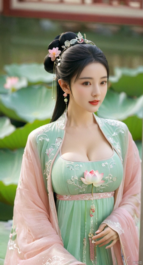  Best quality, Realistic, photorealistic, masterpiece, extremely detailed CG unity 8k wallpaper, best illumination, best shadow, huge filesize ,(huge breasts:2) incredibly absurdres, absurdres, looking at viewer, transparent, smog, gauze, vase, petals, room, ancient Chinese style, detailed background, wide shot background,
(((1gilr,black hair))),(Sitting on the lotus pond porch:1.39) ,(huge breasts:2),(A pond full of pink lotus flowers:1.3),close up of 1girl,Hairpins,hair ornament,hair wings,slim,narrow waist,(huge breasts:2.1),perfect eyes,beautiful perfect face,pleasant smile,perfect female figure,detailed skin,charming,alluring,seductive,erotic,enchanting,delicate pattern,detailed complex and rich exquisite clothing detail,delicate intricate fabrics,
Morning Serenade In the gentle morning glow, (a woman in a pink lotus-patterned Hanfu stands in an indoor courtyard:1.26),(Chinese traditional dragon and phoenix embroidered Hanfu:1.3), admiring the tranquil garden scenery. The lotus-patterned Hanfu, embellished with silver-thread embroidery, is softly illuminated by the morning light. The light mint green Hanfu imparts a sense of calm and freshness, adorned with delicate lotus patterns, with a blurred background to enhance the peaceful atmosphere,(huge breasts:2.2),