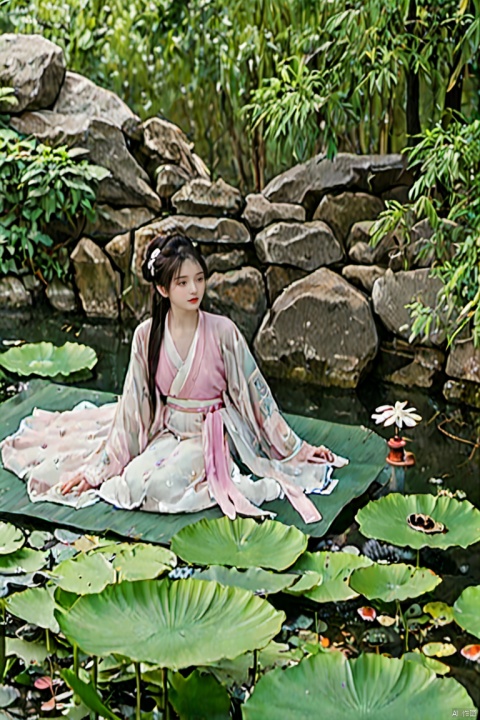  ((1girl)),solo,lying on back on bamboo mat bed in garden,paper fan,thin hanfu,foggy,(curtain),(bamboo forest),(Spread your legs and expose your vagina:1.55),tiles roof,light green and white,off shoulders,chinese painting,gongbi style,water_color,(grapevineman:1.4),(trees, artificial mountain, green lotus leaves,light pink lotus flowers),koi,wooden windows,doors,bed,stone,trandional architecture,temple,tower,wall,chinese garden,long hair,full body,bangs,(masterpiece, Extremely detailed, best quality, highres:1.2),(ultra_detailed, UHD:1.2),soft smile,nsfw,