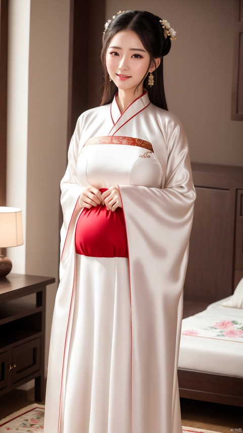  Best quality,masterpiece,realistic,4k,A girl,20 years old, white Chinese style dress,on back,Hanfu,Little Smile,standing,cameltoe,pregnant,Girl,E_cup,black hair,bedroom,large breasts,