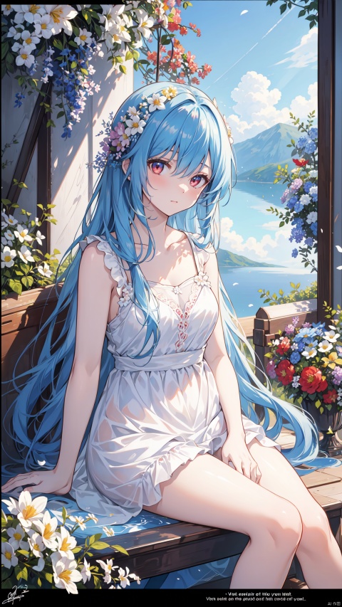  best quality, masterpiece, illustration, (reflection light), incredibly absurdres, (Movie Poster), (signature:1.3), (English text:1.3), 1girl, girl middle of flower, pure skyblue hair, red eyes, clear sky, outside, collarbone, loli, sitting, absurdly long hair, clear boundaries of the cloth, white dress, fantastic scenery, ground of flowers, thousand of flowers, colorful flowers, flowers around her, various flowers,

