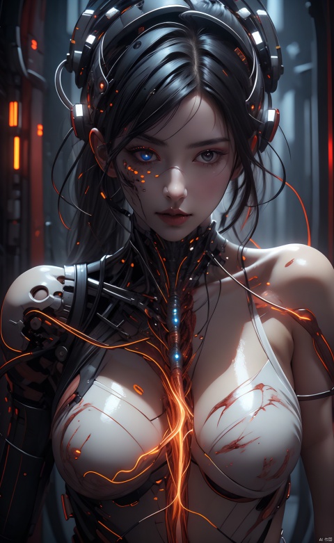  1mechanical girl,((ultra realistic details)),portrait,global illumination,shadows,octane render,8k,ultra sharp,metal,intricate,ornaments detailed,cold colors,egypician detail,highly intricate details,realistic light,trending on cgsociety,facing camera,neon details,machanical limbs,blood vessels connected to tubes,mechanical cervial attaching to neck,wires and cables connecting to head,Half body,