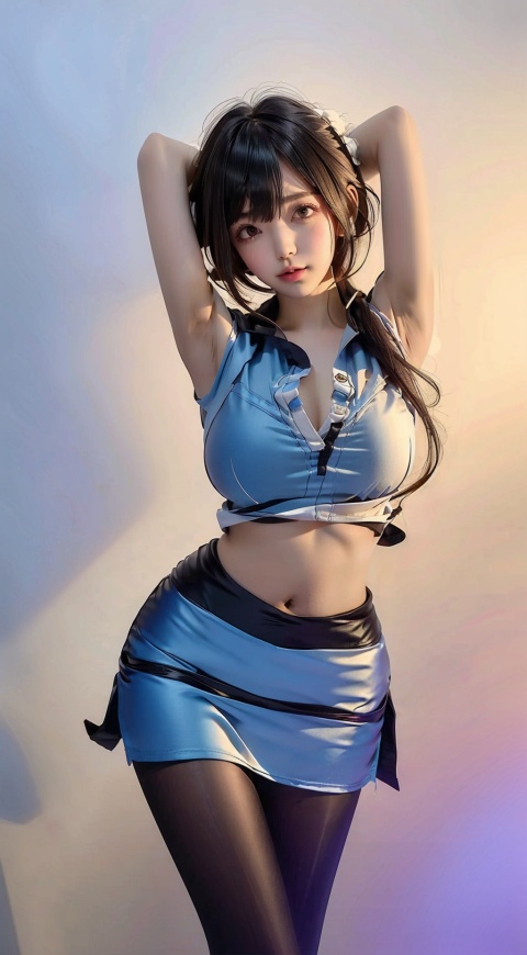  1girl, solo,armpits, arms up, looking at viewer, thigh strap, navel, see-through, big breasts, cowboy shot,blue hair, arms behind head, bare shoulders, grey eyes, bangs, blush, ahoge, closed mouth,bare arms, stomach, signature, shenhe (genshin impact), autumn leaves, mountainous horizon,orange flower,orange sky,(genshin impact),Hourglass body shape,office lady