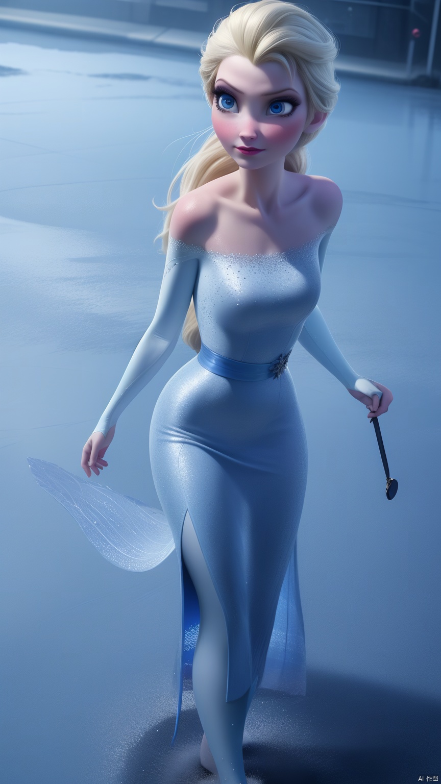  1girl, solo, elsa \(frozen\), dress, long hair, blonde hair, blue eyes, looking up, makeup, movie tone, blue theme, strapless dress, Anime, 1girl