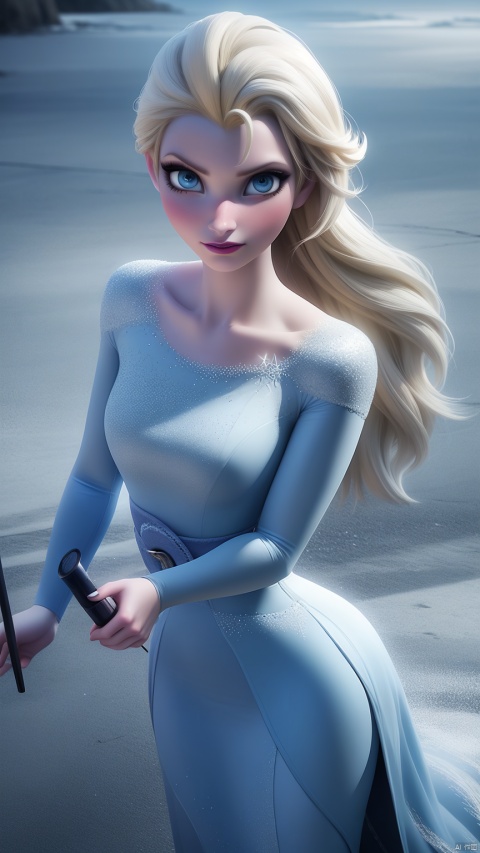  1girl, solo, elsa \(frozen\), dress, long hair, blonde hair, blue eyes, looking up, makeup, movie tone, blue theme, strapless dress, Anime, 1girl