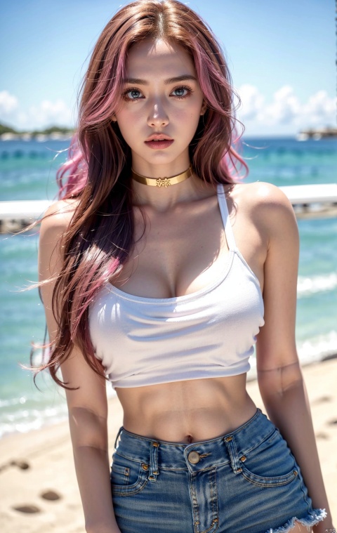 masterpiece, high quality, hyper detailed, an incredibly beautiful woman, 24 year old bra, casual clothes, white top, denim shorts, big breasts, tight breasts, pink hair, sexy, seductive, attractive look, blue eyes, perfect lips , gold choker around the neck, beach background, perfect lighting, looking at the viewer, 8k, 4k, vertical,  ,
