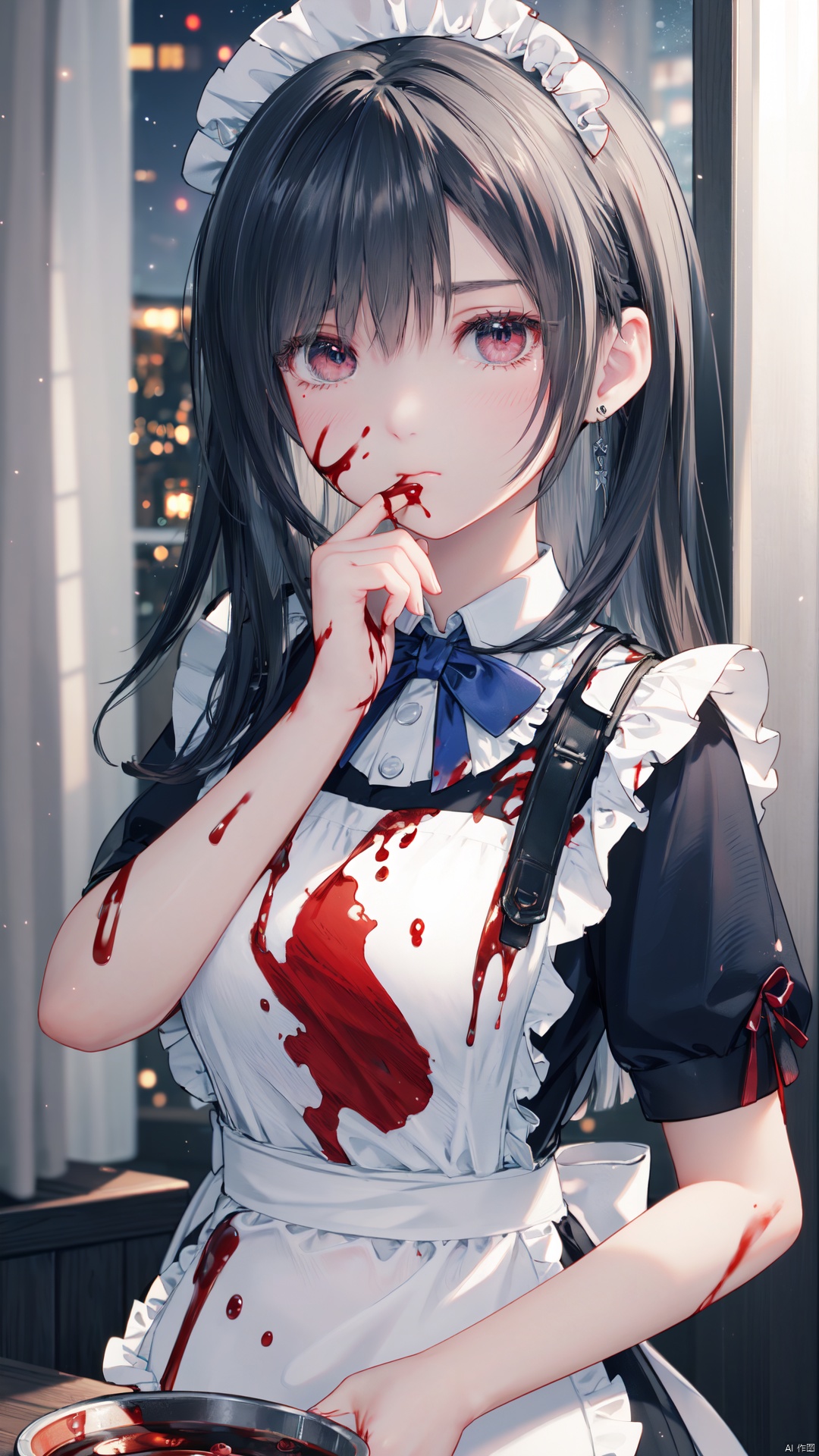  finely detail,Depth of field,(((masterpiece))),((extremely detailed CG unity 8k wallpaper)),best quality,high resolution illustration,Amazing,highres,intricate detail,best illumination,best shadow,(late at night),night,(Dark blue theme),Depth of field,window,White curtains,1girl,solo,bangs,blood on face,dark persona,white hair,Blue bow tie,maid,Short sleeve,apron,maid headdress,long hair,hand on own chin,teary-eyed,blood on clothes,blood,maid apron,