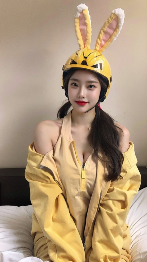  Meituan helmet, jacket, bunny ears, girl, breasts, yellow clothes, bare shoulders, sitting on bed, (large breasts, cleavage :0.7)