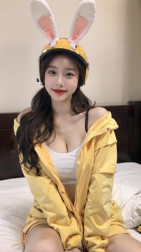  Meituan helmet, jacket, bunny ears, girl, breasts, yellow clothes, bare shoulders, sitting on bed, (large breasts, cleavage :0.7), 1girl